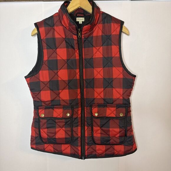 Cremieux Womens Buffalo Plaid Vest Large Quilted Jacket Red Black Gorpcore - Picture 1 of 9